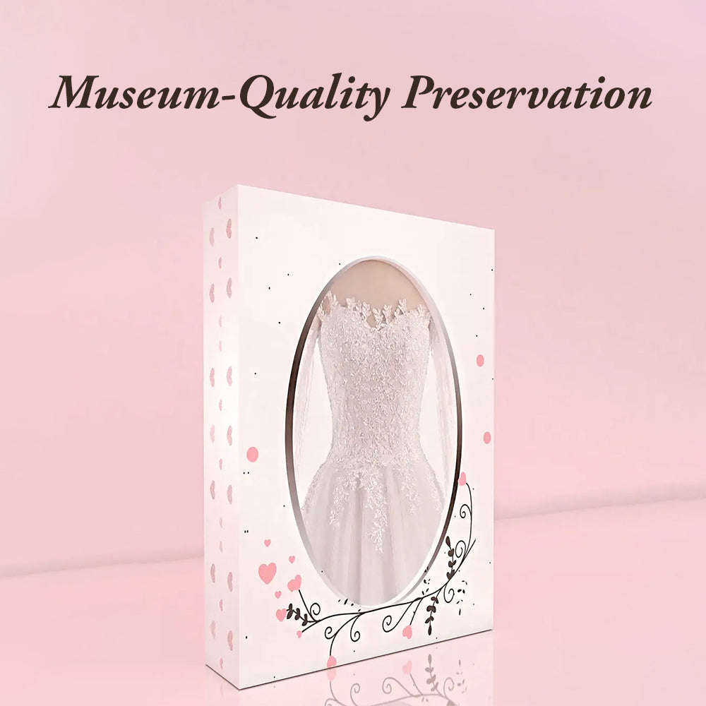 Museum-quality wedding gown preservation with acid-free tissue and archival boxes.